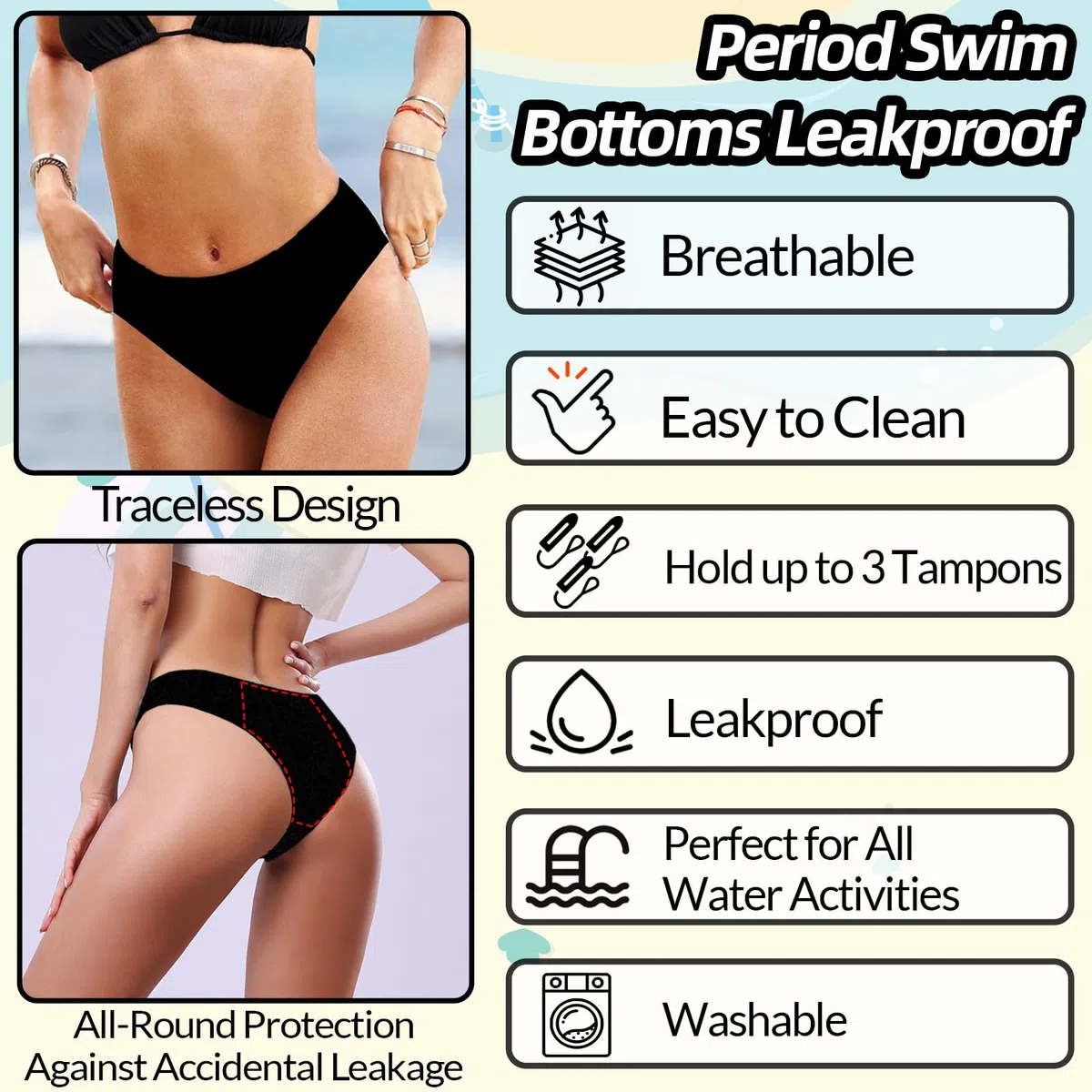 Pantalon de natation menstruel pour femmes, 4 plis, anti-fuite, sans traces, pour filles et adolescentes, super absorbant, séchage rapide, pour la plage et la piscine