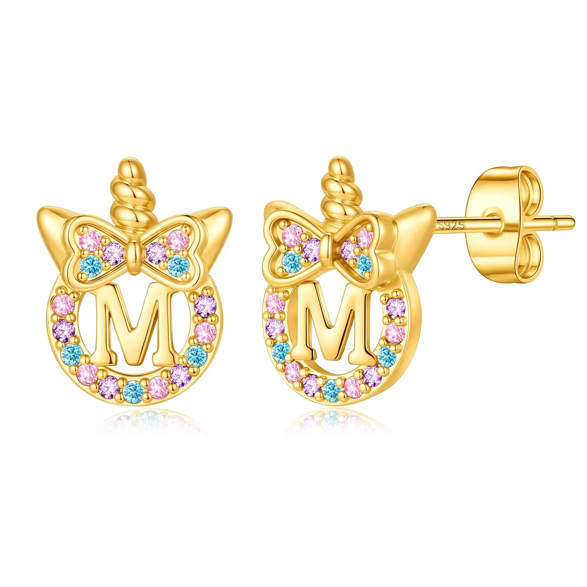 TINGN Boucles d'oreilles licorne pour filles - Argent 925 hypoallergénique - Zircon arc-en-ciel coloré - Boucles d'oreilles avec lettres en or - Bijoux licorne - Cadeau pour fille de 5 à 12 ans