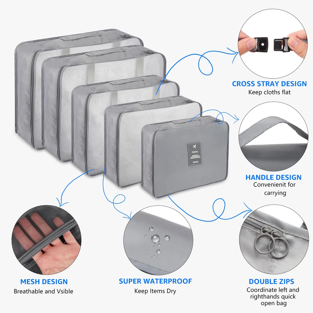 WECUTE Organisateur Valise,11 Pièces Organisateur de Valise, Packing Cubes pour Les Vêtements, Organisateur Voyage pour Les Vêtements, Chaussures et Cosmétiques (Gris)