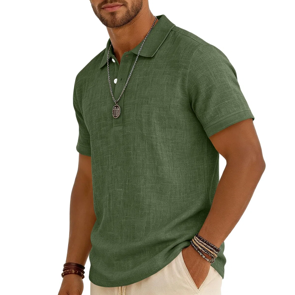 Chemise Homme Style Henley Col Mao Manches Lin Mélangé Ample Décontracté pour Été Bureau