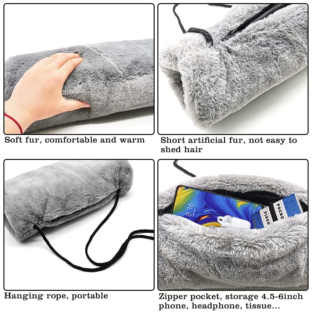 SwirlColor Manchon Fourrure Fausse avec Poche à Sangle Chauffe-Mains Gris Pratique pour Femmes Hommes Enfants 1 Pièces, avec Crochet Transparent 1 Pièces, Taille unique