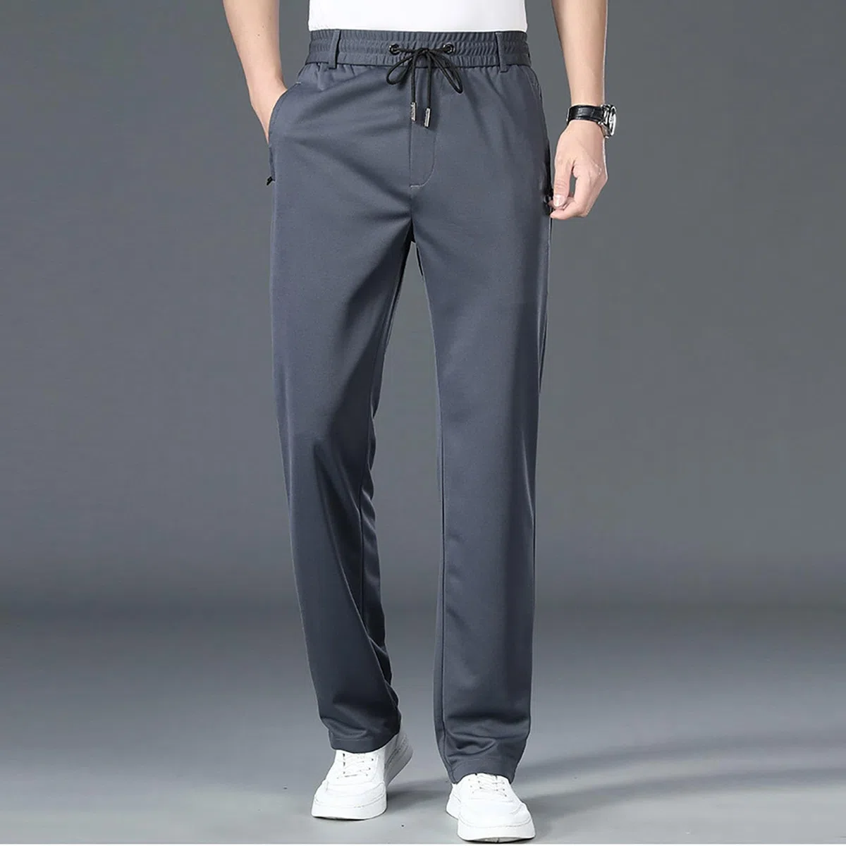 Pantalon habillé pour homme, coupe ajustée, pantalon de bureau extensible, taille élastique, cordon de serrage avec poches, pantalon formel et décontracté, couleur unie, pantalon décontracté