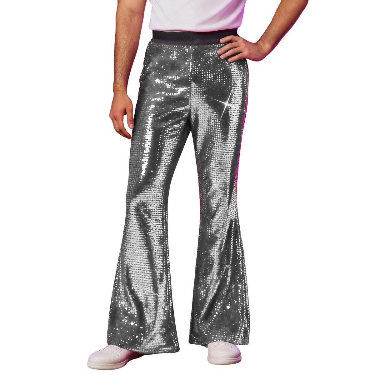 Genérico Pantalon évasé pour homme années 70 Tenue brillante Hippie Disco Pantalon de jazz Pantalon de danse festive Vêtements de club de nuit Pantalon à paillettes