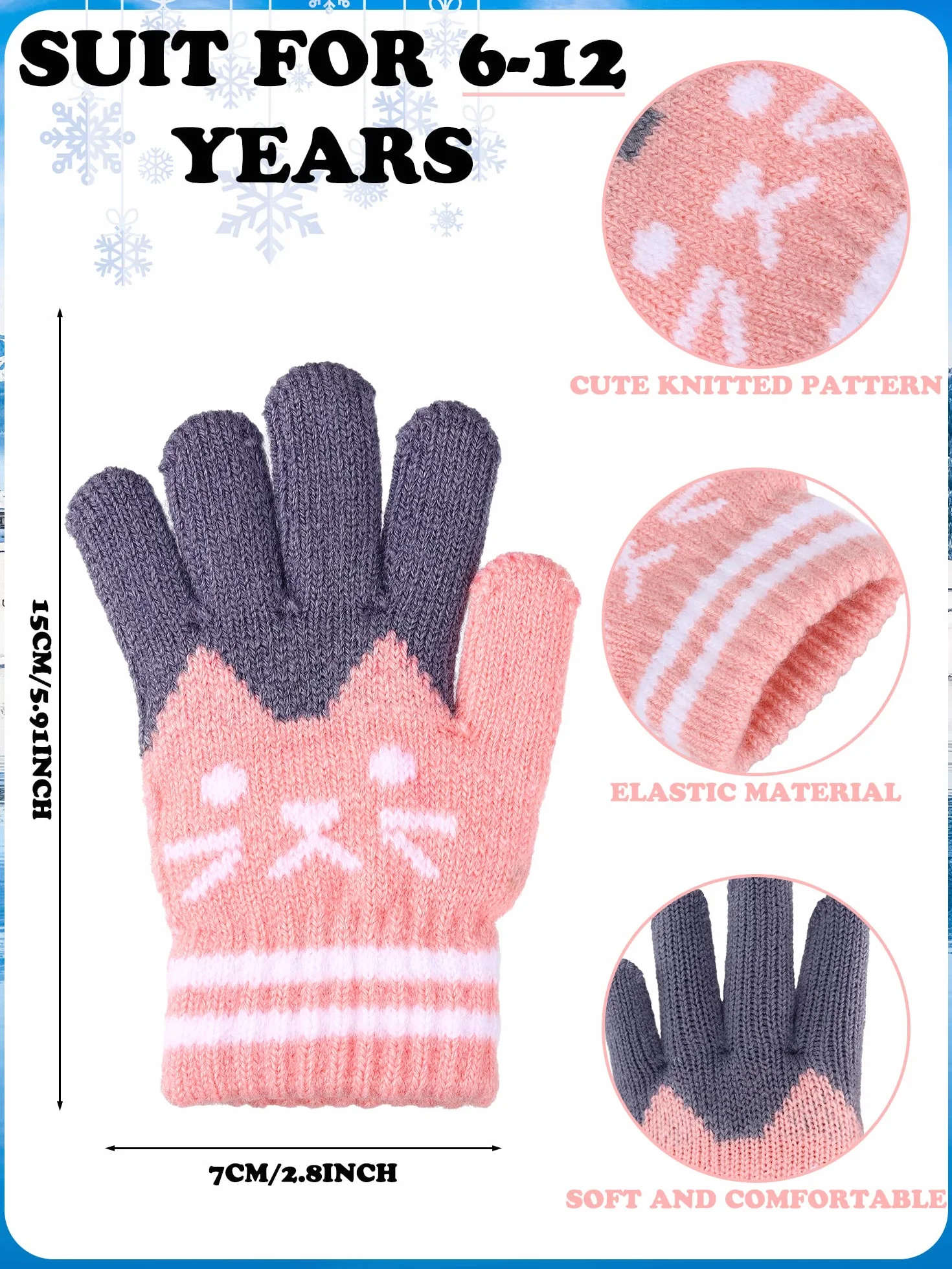 SATINIOR 2 Paires Gants d‘Hiver en Tricot Mitaines de Chat Mignonnes en Pleins Doigts pour Enfants 6-12 Ans, Noir et Rose