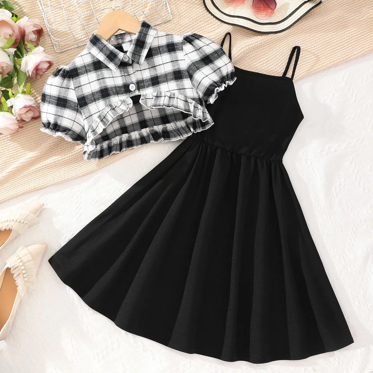 Ensemble de vêtements d'été pour Petites Filles, Hauts et Robe Solides à Manches Courtes, Tenues 2 pièces pour Enfants Combinaison Fille Noire