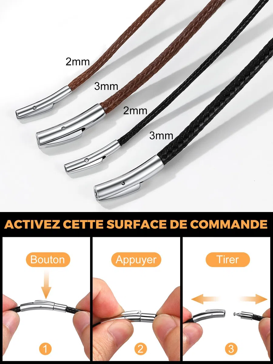 Richsteel Collier en Cuir Noir Artificiel Tressé pour Hommes et Femmes-2mm/3mm Cordon pour Pendentif 40/46/50/56/61/66/71/76 cm-Bijoux Personnalisable Prénom Unisex Fantaisie