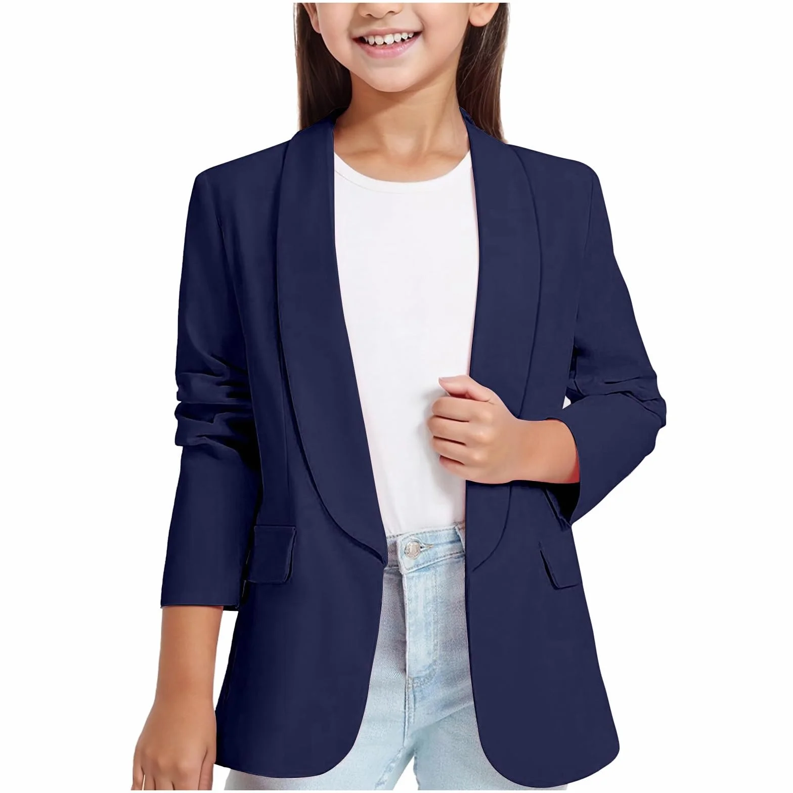 Blazers à Manches Longues pour Filles Col ChâLe Blazers Fille Veste De Costume Formelle avec Poche IntéRieure Printemps Elegant Manteau Enfant Veste Fille Couleur Unie 3-14 Ans