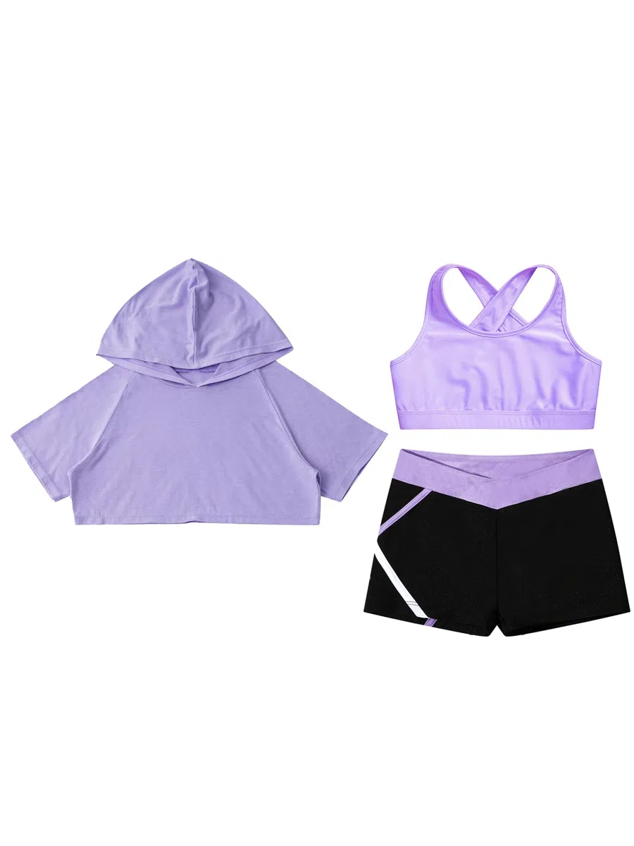 Ensemble Sport Fille Survêtement 3Pcs Fitness Yoga Crop Top Court à Capuche avec Débardeur Short de Sport Gym