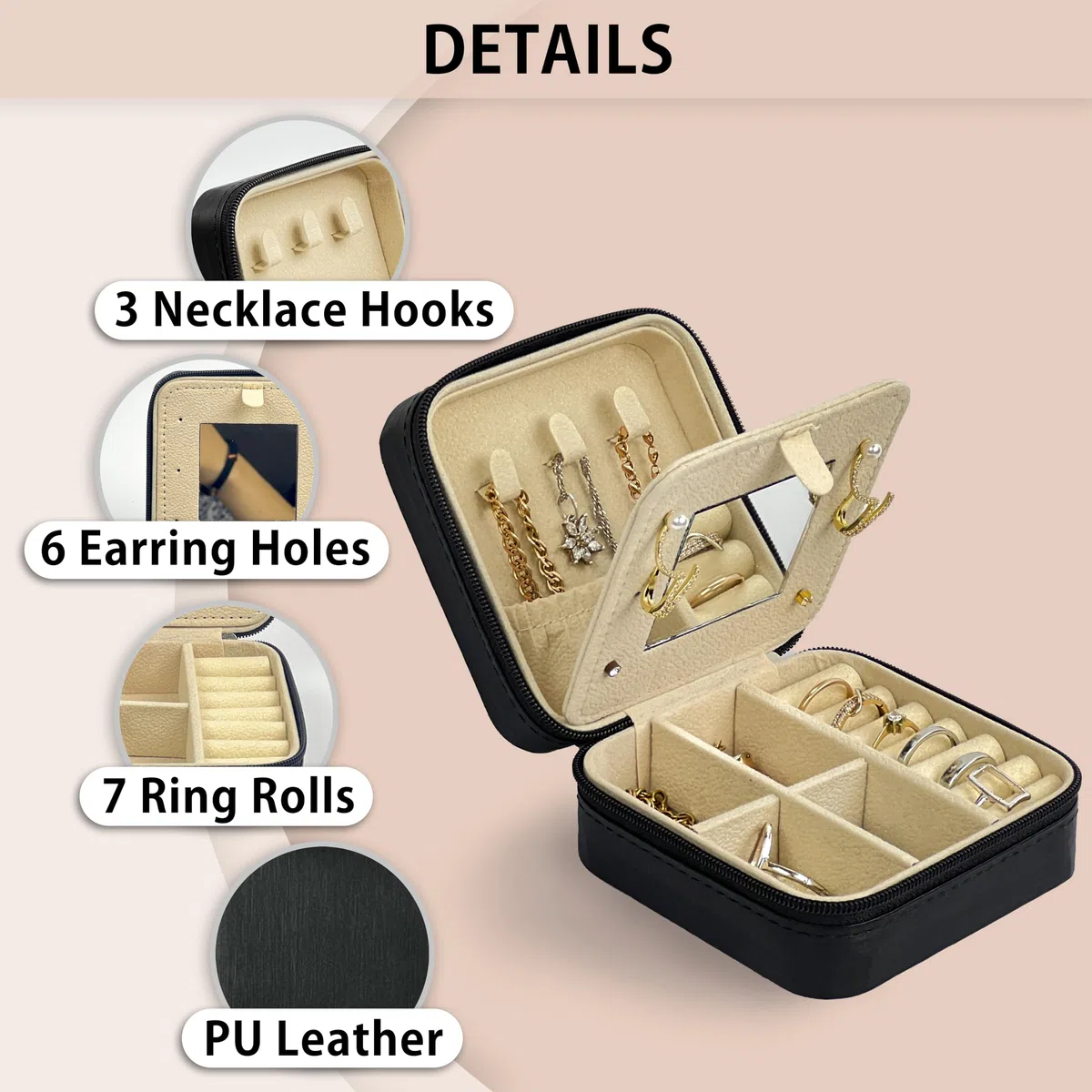 Coffret à Bijoux de Voyage avec Miroir - [ Idéal pour les Femmes ] - Boîte à Bijoux en Similicuir avec Fermeture Éclair - Organiseur de Bijoux - Noir