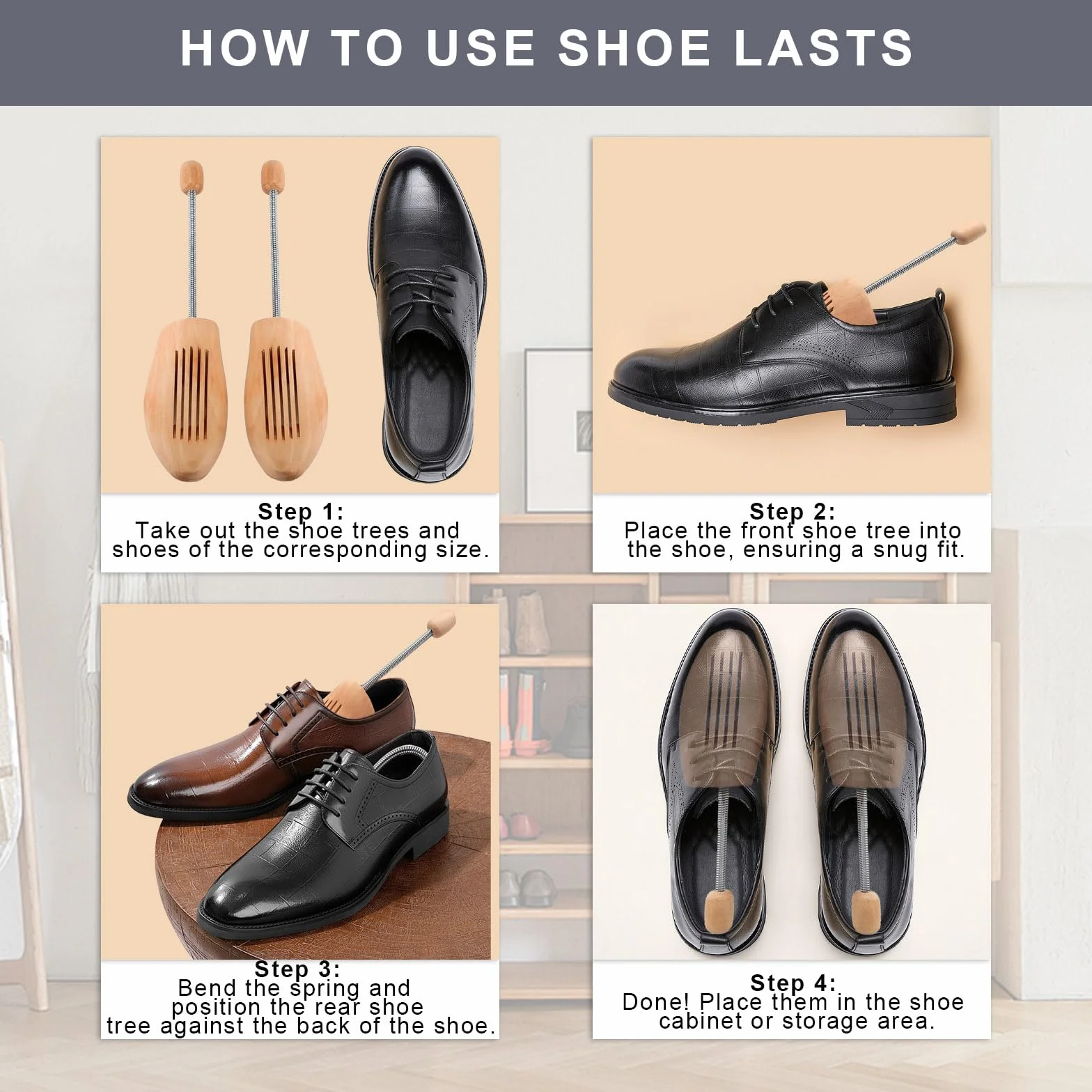 Lot de 2 embauchoirs en bois avec brosse à chaussures en crin de cheval - Embauchoirs réglables pour homme et femme pour maintenir la forme et réduire les plis - Kit d'entretien des chaussures