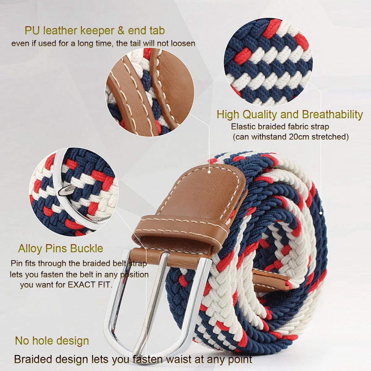 105-125cm Ceinture Elastique Tressée pour Femme Boucle Ceintures Homme Extensible 3.3cm de Large | Ceintures avec Boucle Extensible 3.3cm de Large