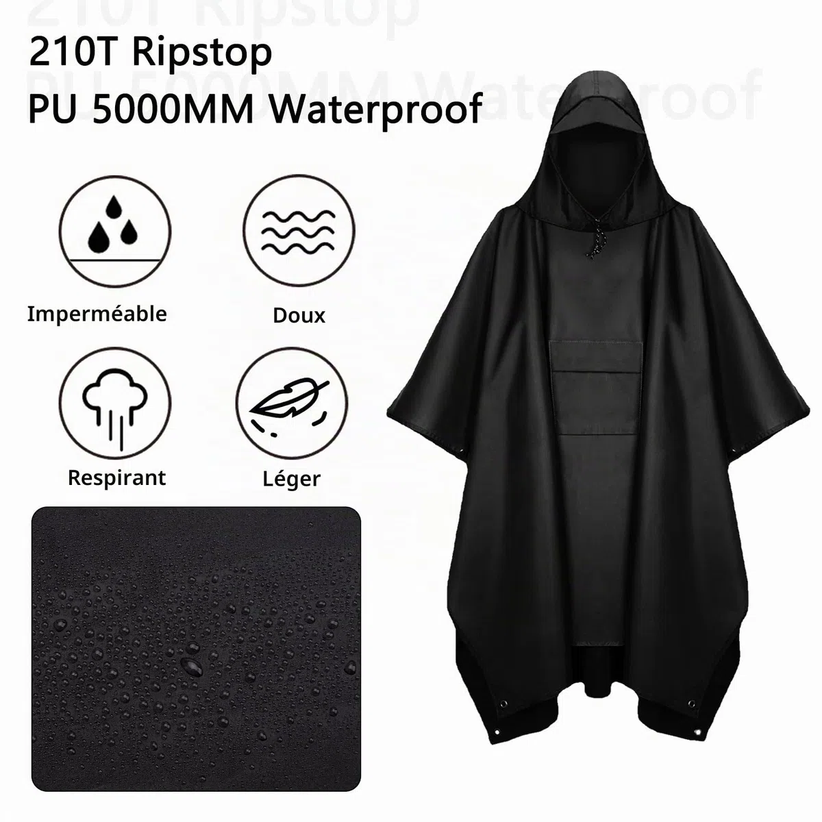 DAWRIS Poncho de Pluie Imperméable 3 en 1 en Oxford 210T - Veste Pour Homme Avec Capuche - Pour Festival, Vélo, Randonnée, Camping, Pêche