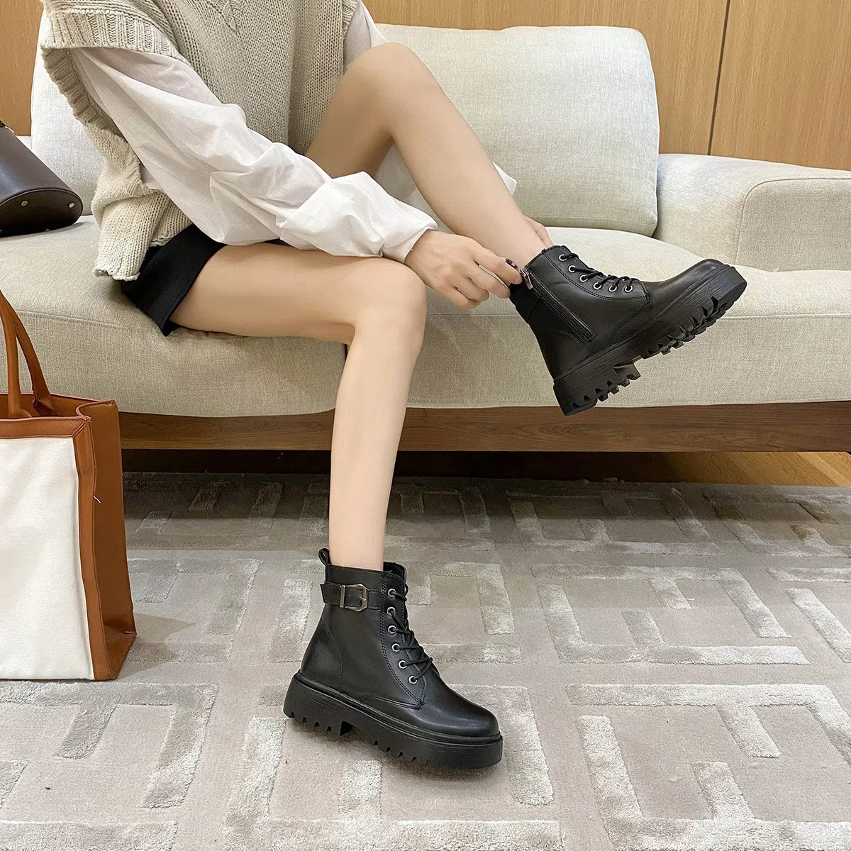 Bottes à lacets imperméables pour femme - Bottines de marche classiques avec fermeture éclair latérale et talons bas - Style décontracté et confortable - Pour la randonnée, le travail