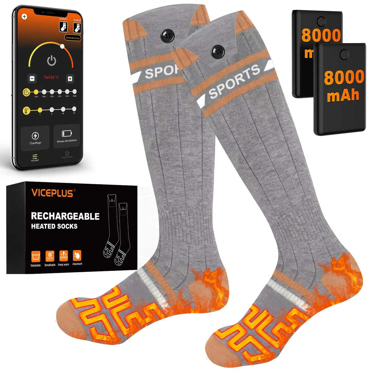 Chaussettes Chauffantes Homme Femme avec Télécommande APP Chauffe-Pieds,8000mAh Rechargeables Chaussettes Chaudes Electriques,Chauffage à 360° pour Ski Camping Cyclisme