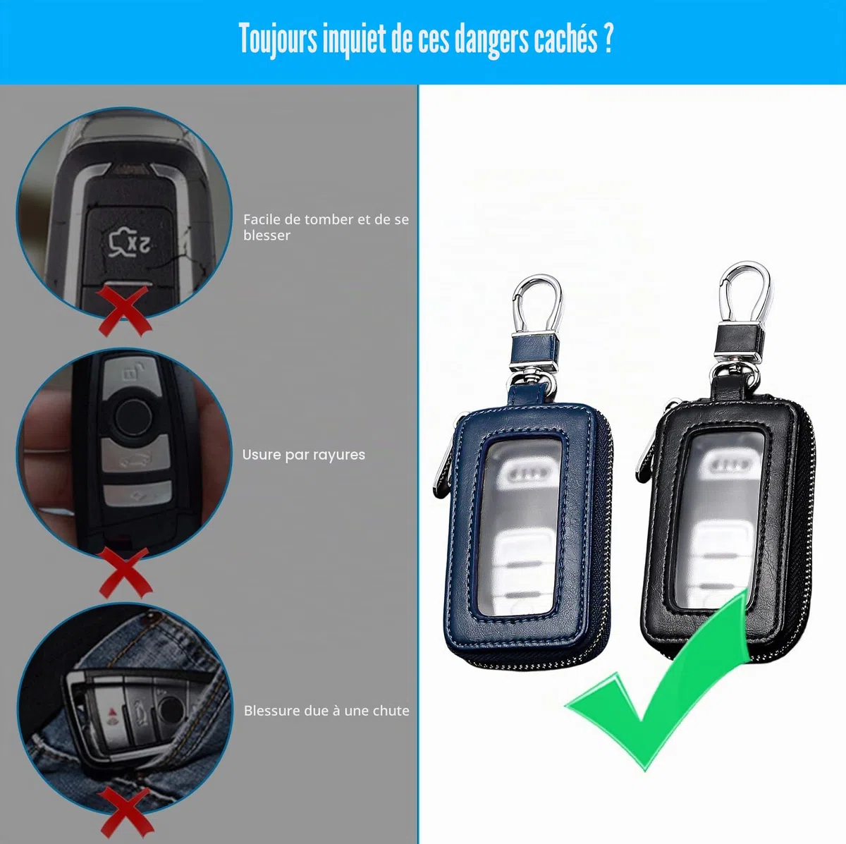 HOMURY Lot de 2 étuis à clés de voiture : étui à clés vintage avec fermeture éclair et mousqueton, housse de protection pour porte-clés, étui universel portable (noir, bleu roi), noir, bleu