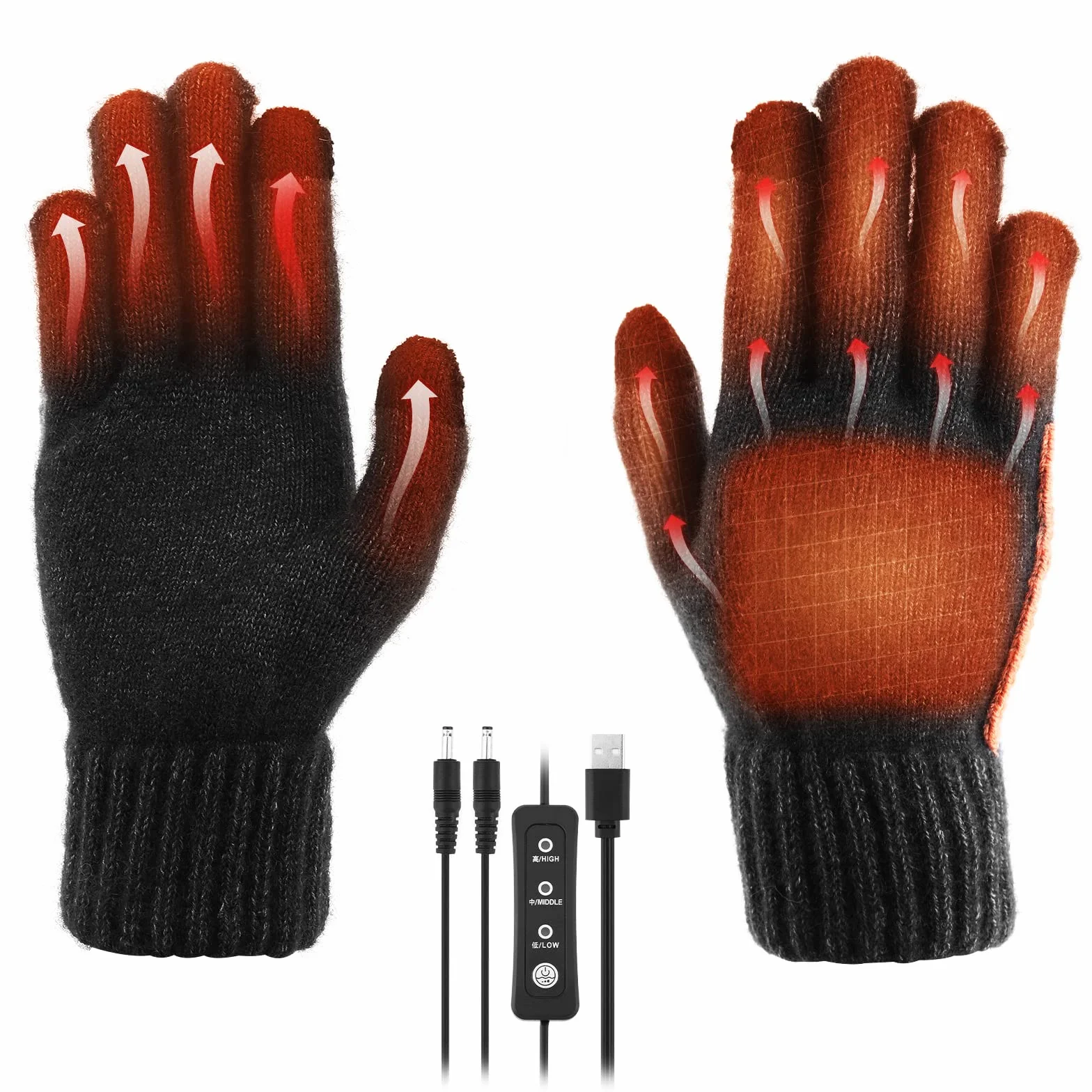 Gants Hommes et Femme Gants Chauffants USB Lavables à Tricoter Gants d'hiver avec 3 Températures Réglables pour intérieur extérieur