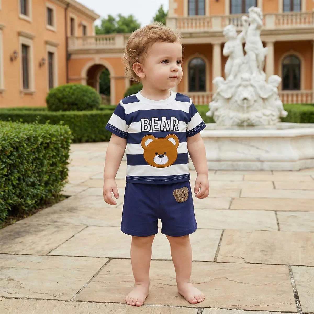 Carolilly Ensemble Bébé Garçon 2 Pièces, T-Shirt Rayé à Manches Courtes avec Motif Ours + Shorts Assortis, Tenue d'Été pour Enfant