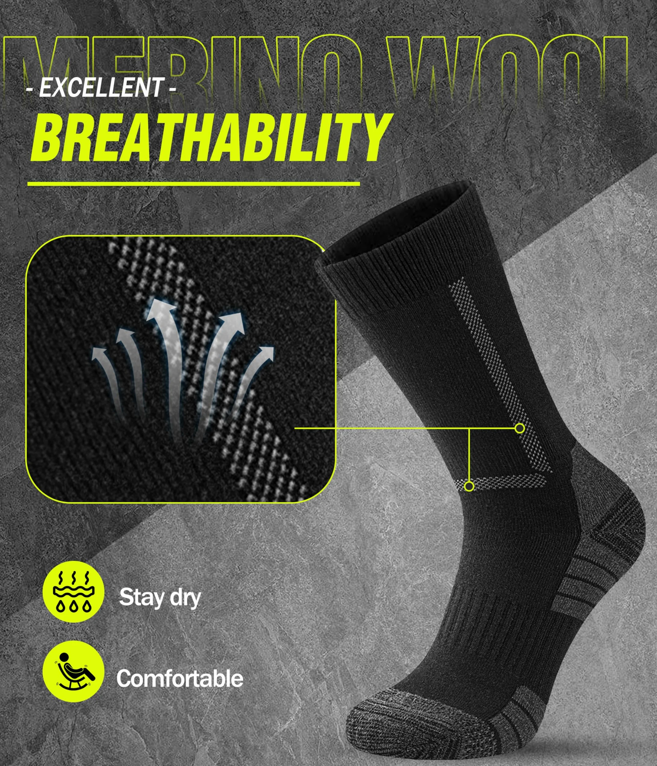 YESWEL 3 Paires Chaussettes Homme Femme, 60% Laine Mérinos Chaussettes Randonnée, Rembourrées Chaussette Chaudes Hiver Pour Trekking Running Sport