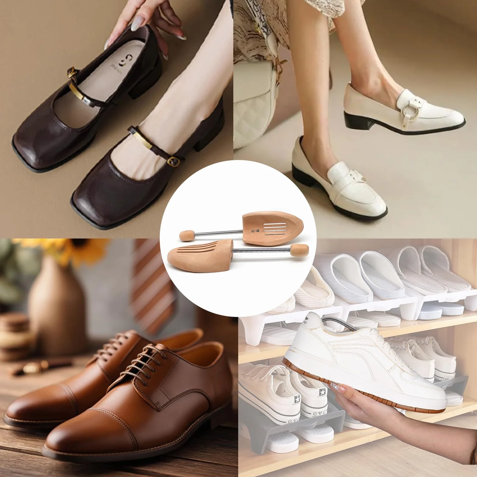 Lot de 2 embauchoirs en bois avec brosse à chaussures en crin de cheval - Embauchoirs réglables pour homme et femme pour maintenir la forme et réduire les plis - Kit d'entretien des chaussures
