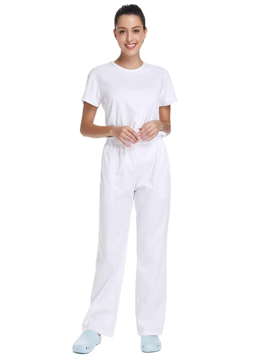 Femme Pantalon de Travail Blanc Pur Pantalons Taille Elastique pour Coton Opaque