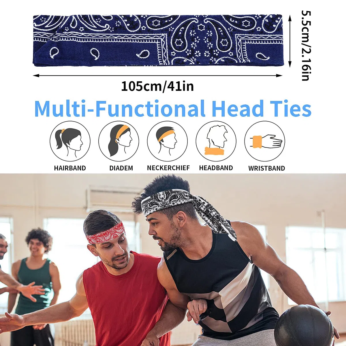 Lot de 2 Bandeau Cheveux Elastique Bandana de Sport Headband Basket-Ball Football Cyclisme Décor pour Poignet