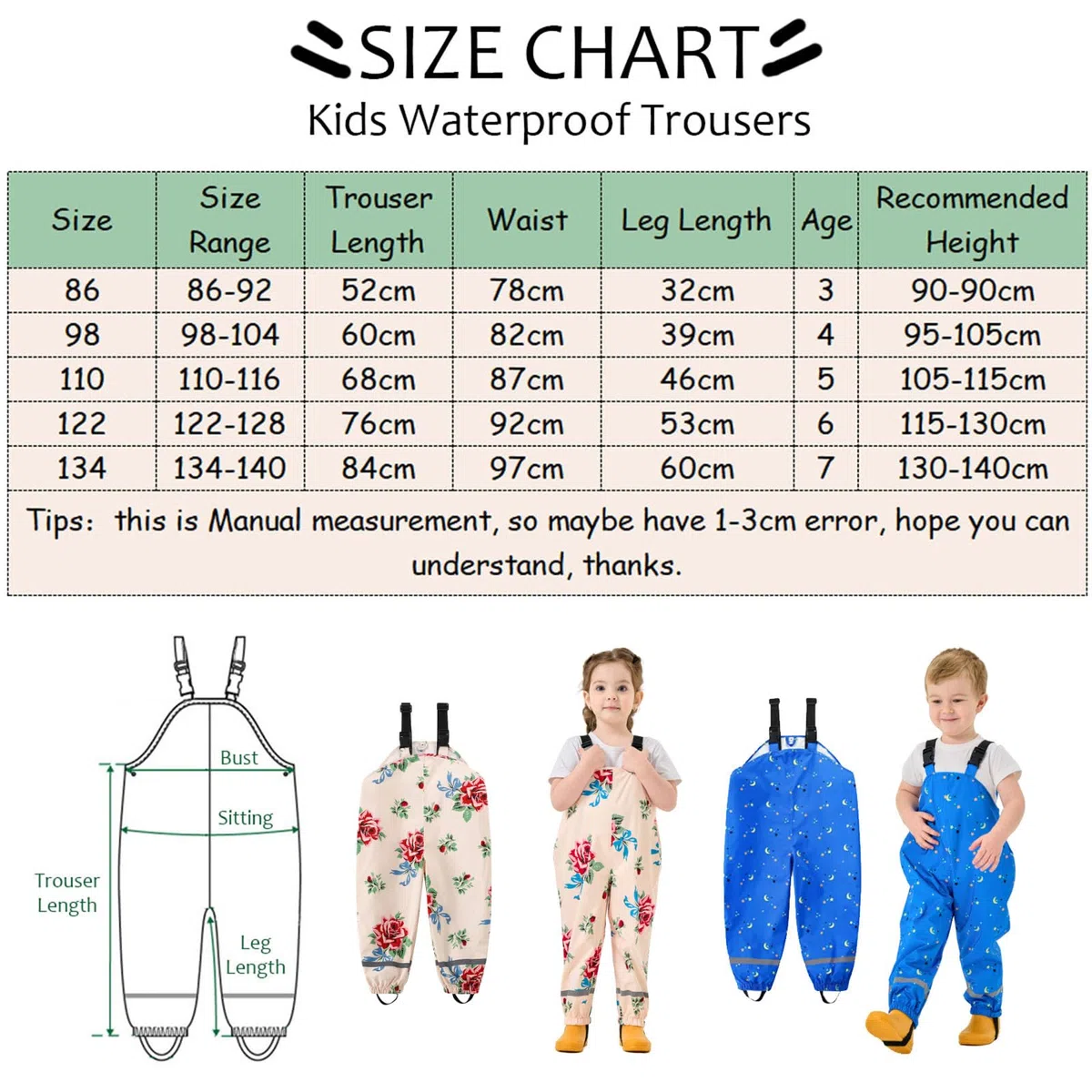 FANSU Pantalon de Pluie Enfant Imperméable Salopette, Pantalon de Pluie d'Extérieur avec Bretelles pour Garçons et Filles pour Jeux Boueux, Aventures en Bord de Mer