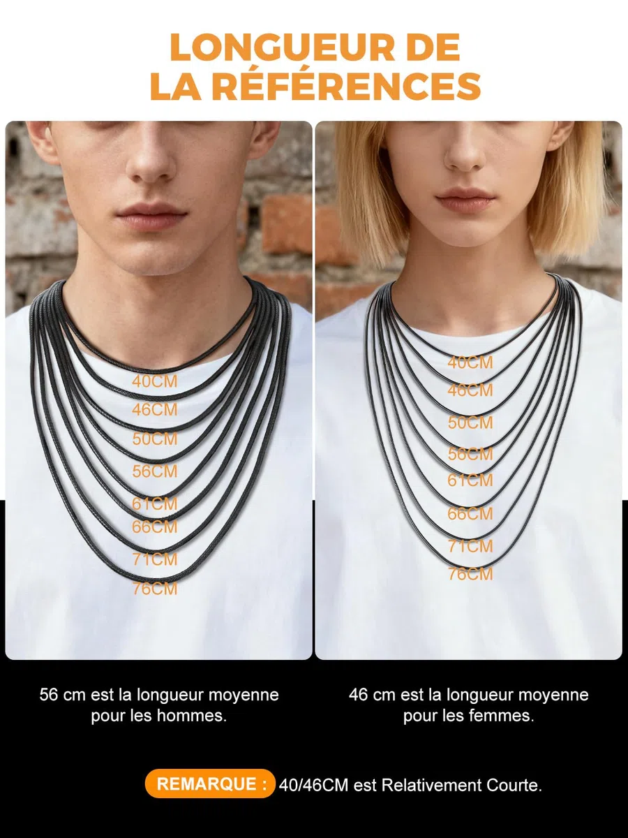Richsteel Collier en Cuir Noir Artificiel Tressé pour Hommes et Femmes-2mm/3mm Cordon pour Pendentif 40/46/50/56/61/66/71/76 cm-Bijoux Personnalisable Prénom Unisex Fantaisie