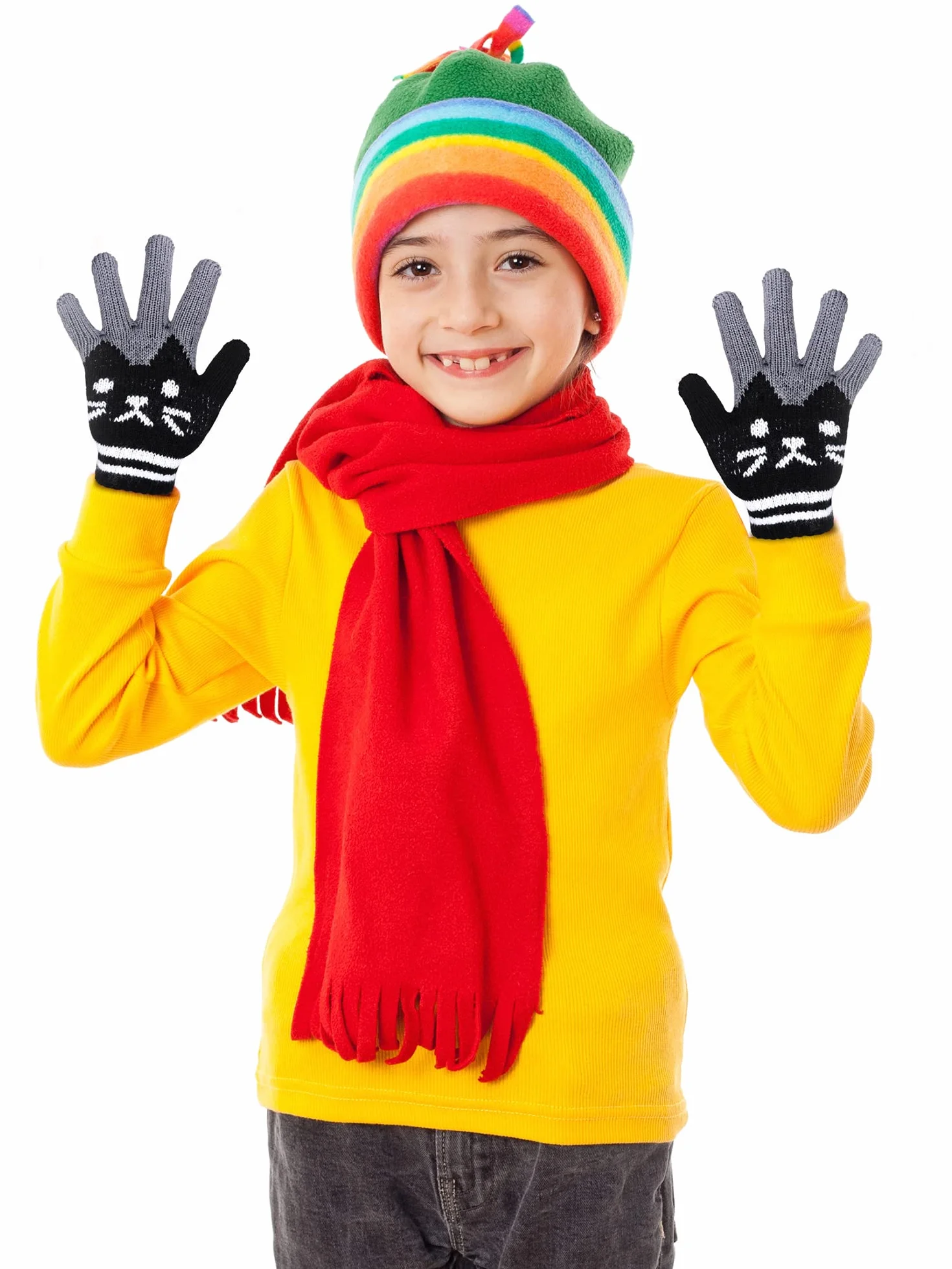 SATINIOR 2 Paires Gants d‘Hiver en Tricot Mitaines de Chat Mignonnes en Pleins Doigts pour Enfants 6-12 Ans, Noir et Rose