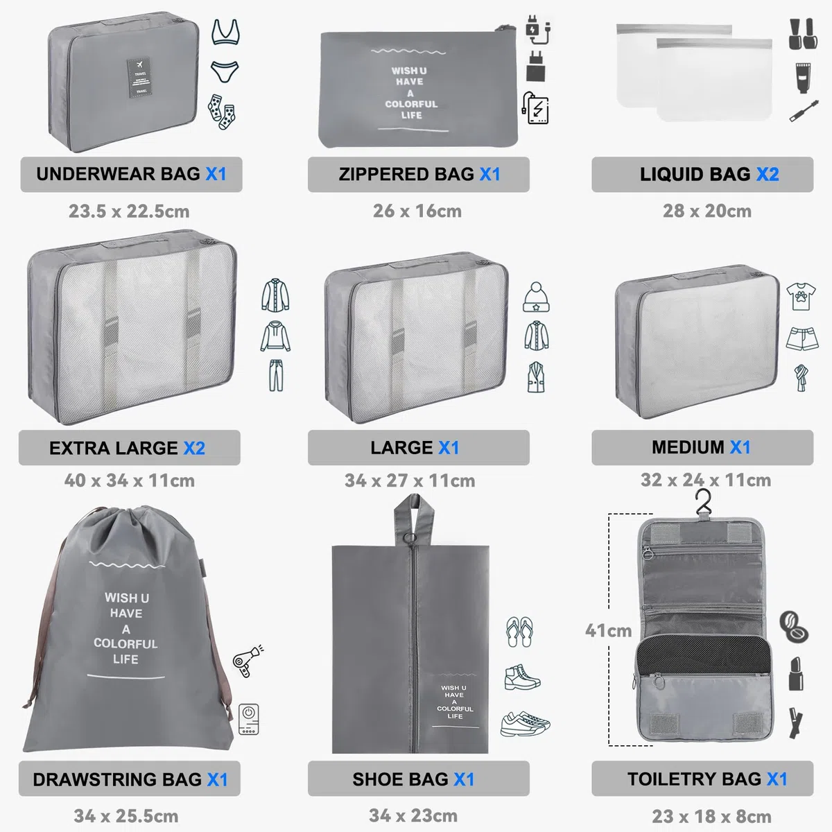 WECUTE Organisateur Valise,11 Pièces Organisateur de Valise, Packing Cubes pour Les Vêtements, Organisateur Voyage pour Les Vêtements, Chaussures et Cosmétiques (Gris)