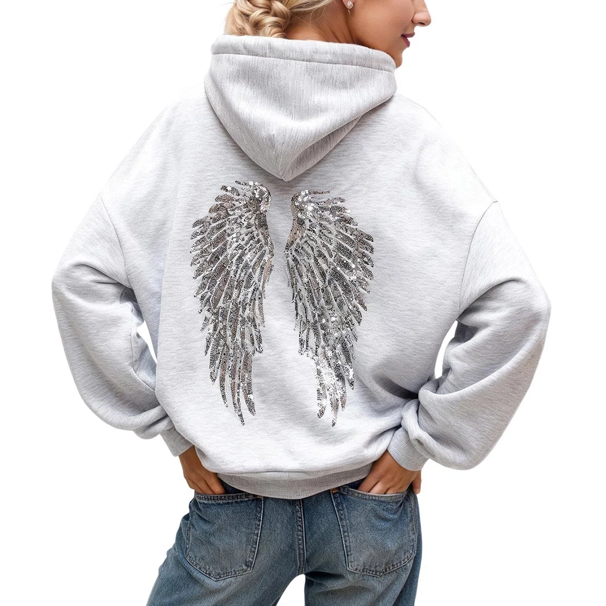 Générique Pull Ange Sweat a Capuche Femme avec Ailes d'ange en Strass et Poches Décontracté Sweatshirt Casual Manche Longue Hoodies Automne et Hiver Chaud Streetwear Sport Vêtements