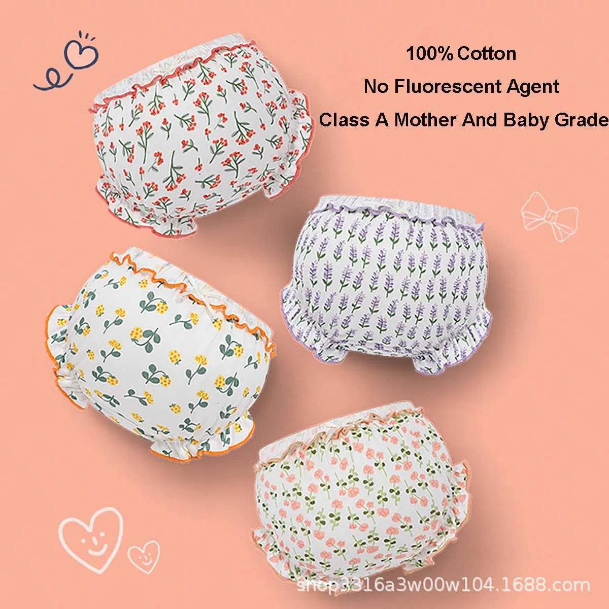 Lot de 4 Bloomer Bébé Fille Culotte en Coton avec Volants Princesse Short Couvre-Couche Mignon sous-Vêtements Souple Pantalon Respirant Volants Slips Elastique pour Tout-Petit Enfant 1-4 Ans