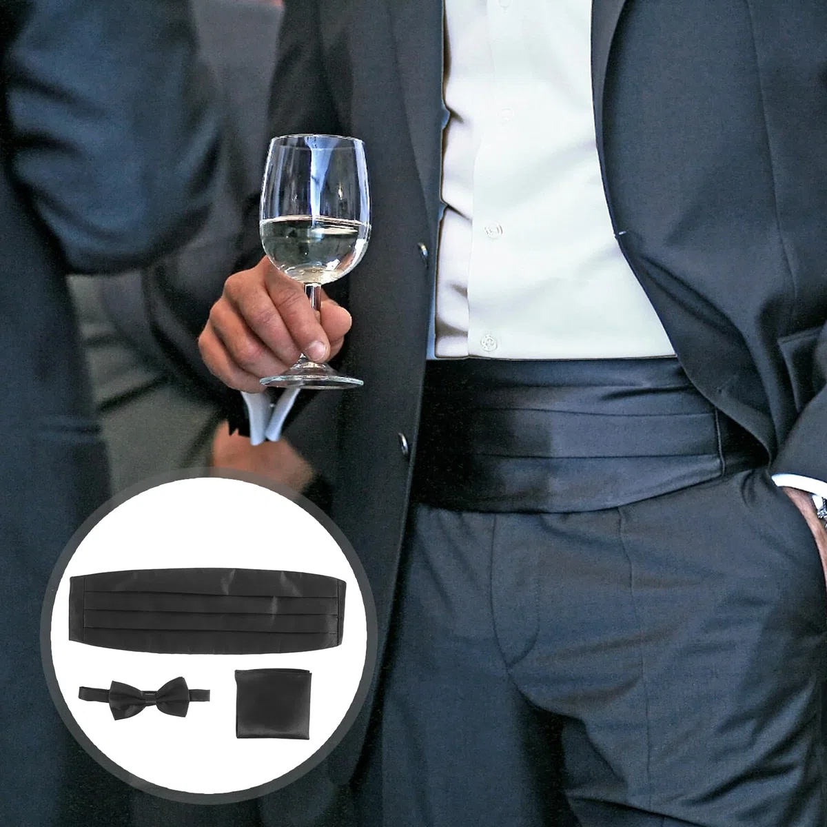 Rosenice Ensemble de 3 pièces en satin noir pour homme avec nœud papillon, ceinture de smoking et mouchoir de poche