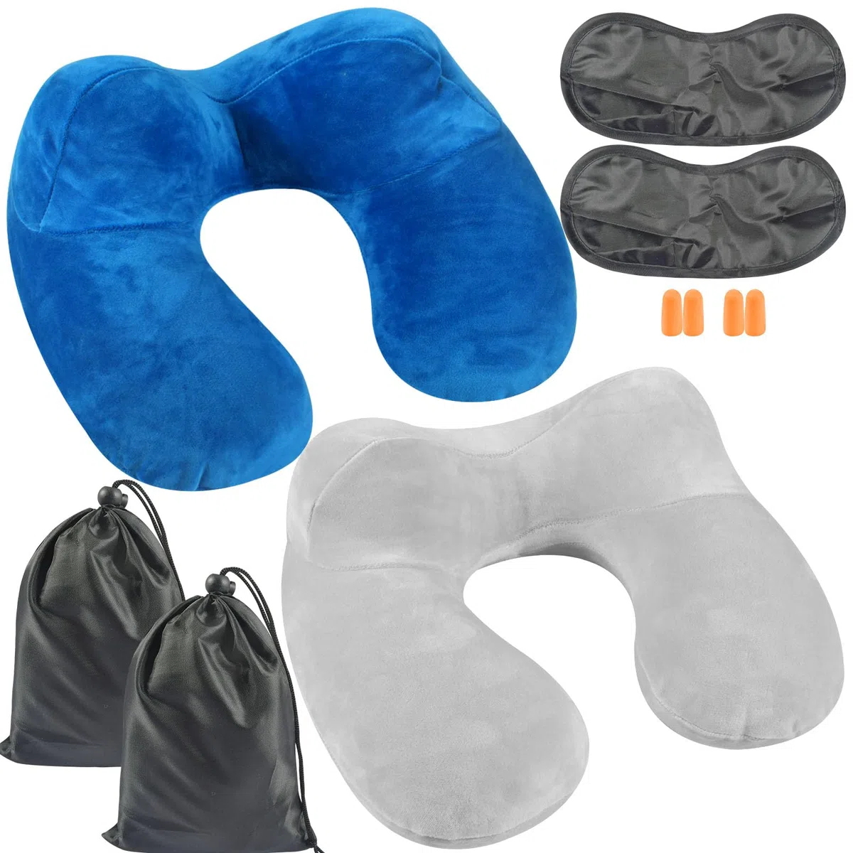 Oreiller Gonflable de Voyage,2 Sets Coussin Voyage Ergonomique,Compact Coussin de Voyage avec Taie d'oreiller Lavable, avec Masque pour Dormir+ Bouchons d’Oreilles + Sac Transport,pour Avion et Train