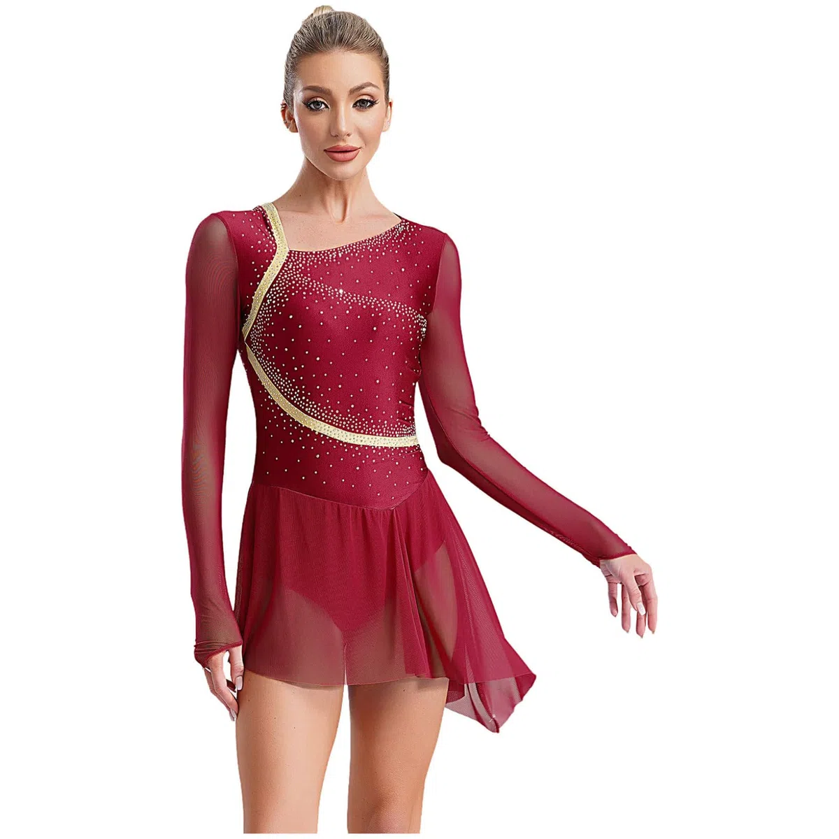 Oyolan Justaucorps Robe Patinage Artistique Femme Tenue Strass Manches Longues Leotard Gymnastique Performance S-XXL