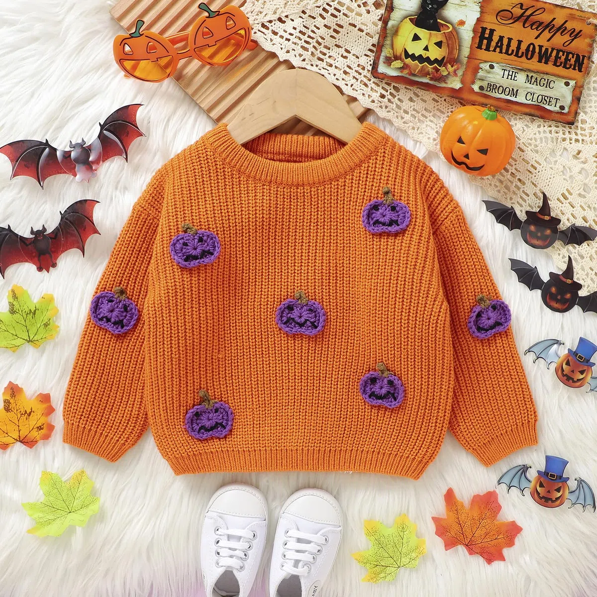 Pull unisexe pour bébé - À manches longues - Col rond - Citrouille - Lettre brodée - Pull en tricot - Pour bébé - Halloween - Fantôme citrouille