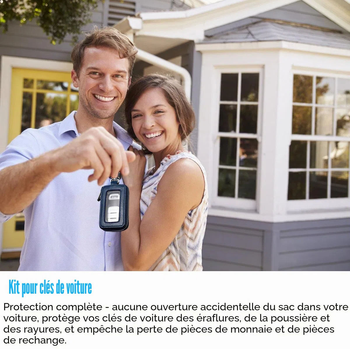 HOMURY Lot de 2 étuis à clés de voiture : étui à clés vintage avec fermeture éclair et mousqueton, housse de protection pour porte-clés, étui universel portable (noir, bleu roi), noir, bleu