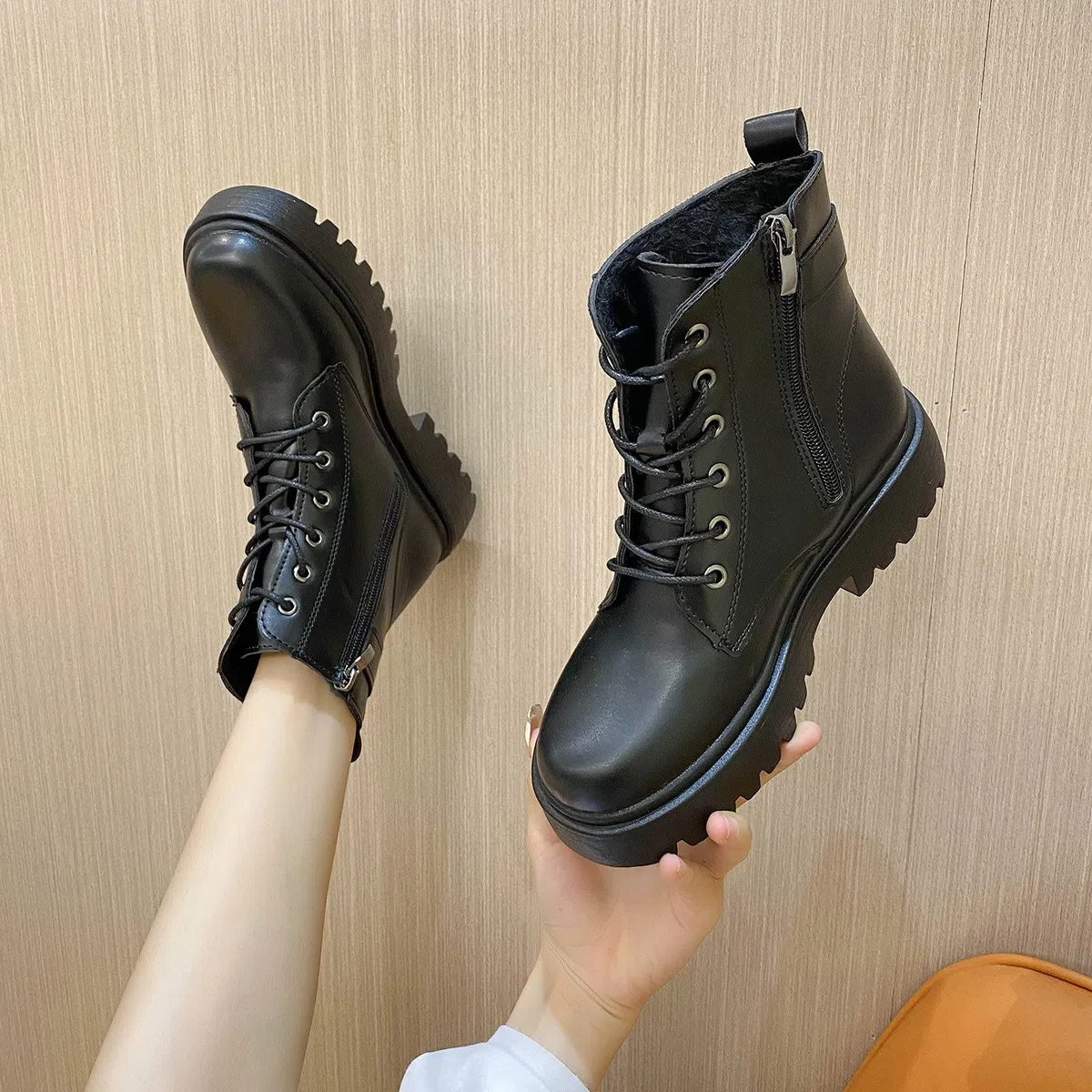 Bottes à lacets imperméables pour femme - Bottines de marche classiques avec fermeture éclair latérale et talons bas - Style décontracté et confortable - Pour la randonnée, le travail