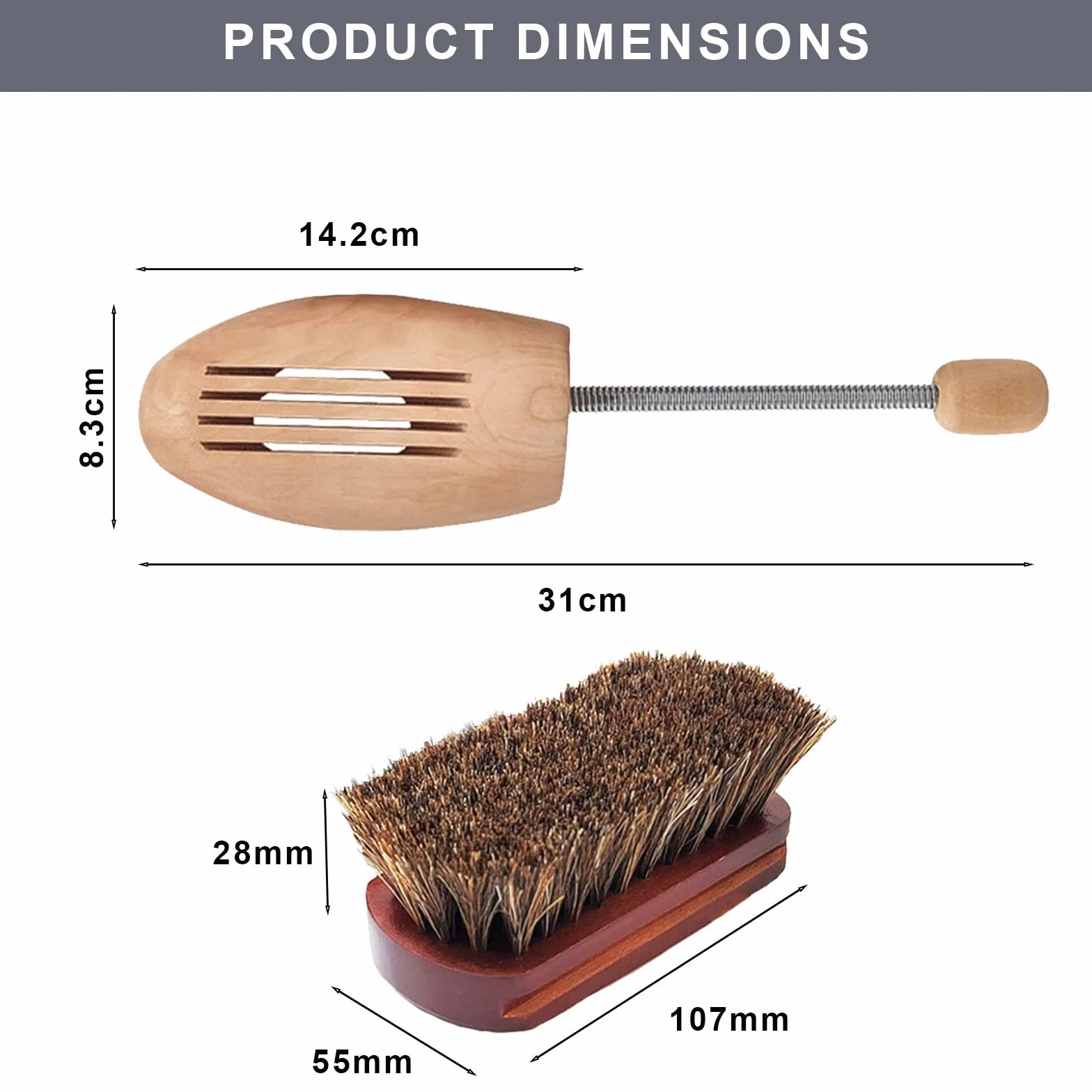 Lot de 2 embauchoirs en bois avec brosse à chaussures en crin de cheval - Embauchoirs réglables pour homme et femme pour maintenir la forme et réduire les plis - Kit d'entretien des chaussures