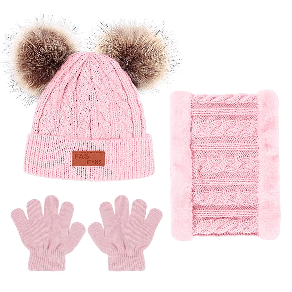 Enwokran Enfant Hiver Bonnet Echarpe Gants Ensemble, 3PCS Polaire Snood Bonnet Chapeau avec Pom Détachable Tricoté Tour de Cou Chaud avec Doublure Gants pour Fille Garçon 2-6 ans