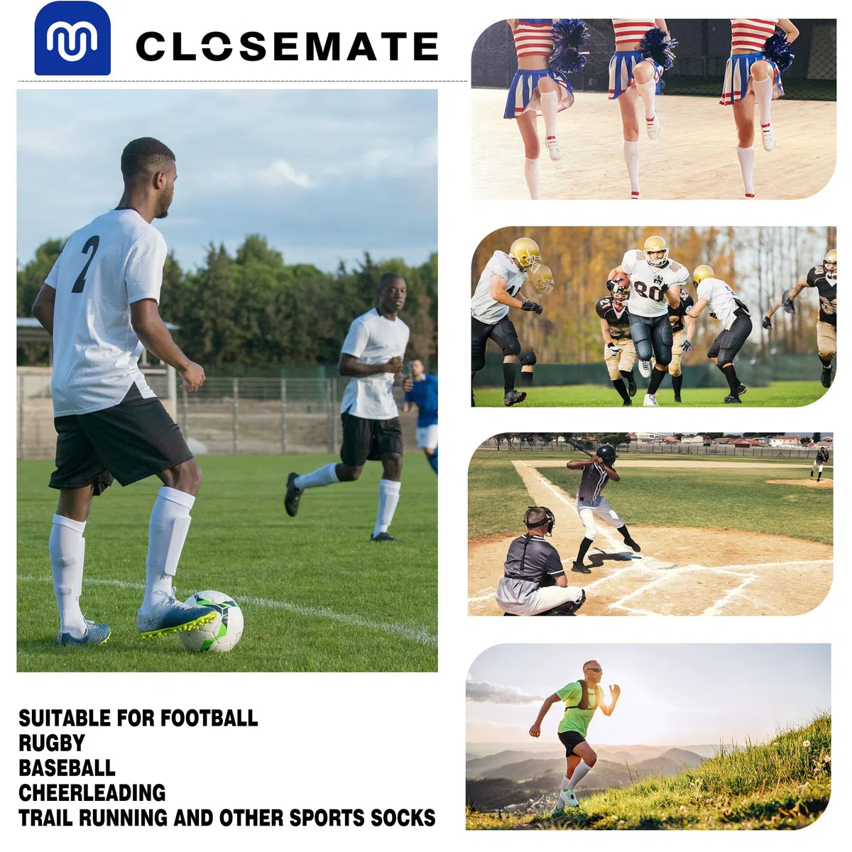 CLOSEMATE 2 Paires Chaussettes Foot Antidérapantes Hautes Longues 39-42 43-46 47-50 pour Hommes Femmes Respirantes Confortables en Noir Blanc Bleu