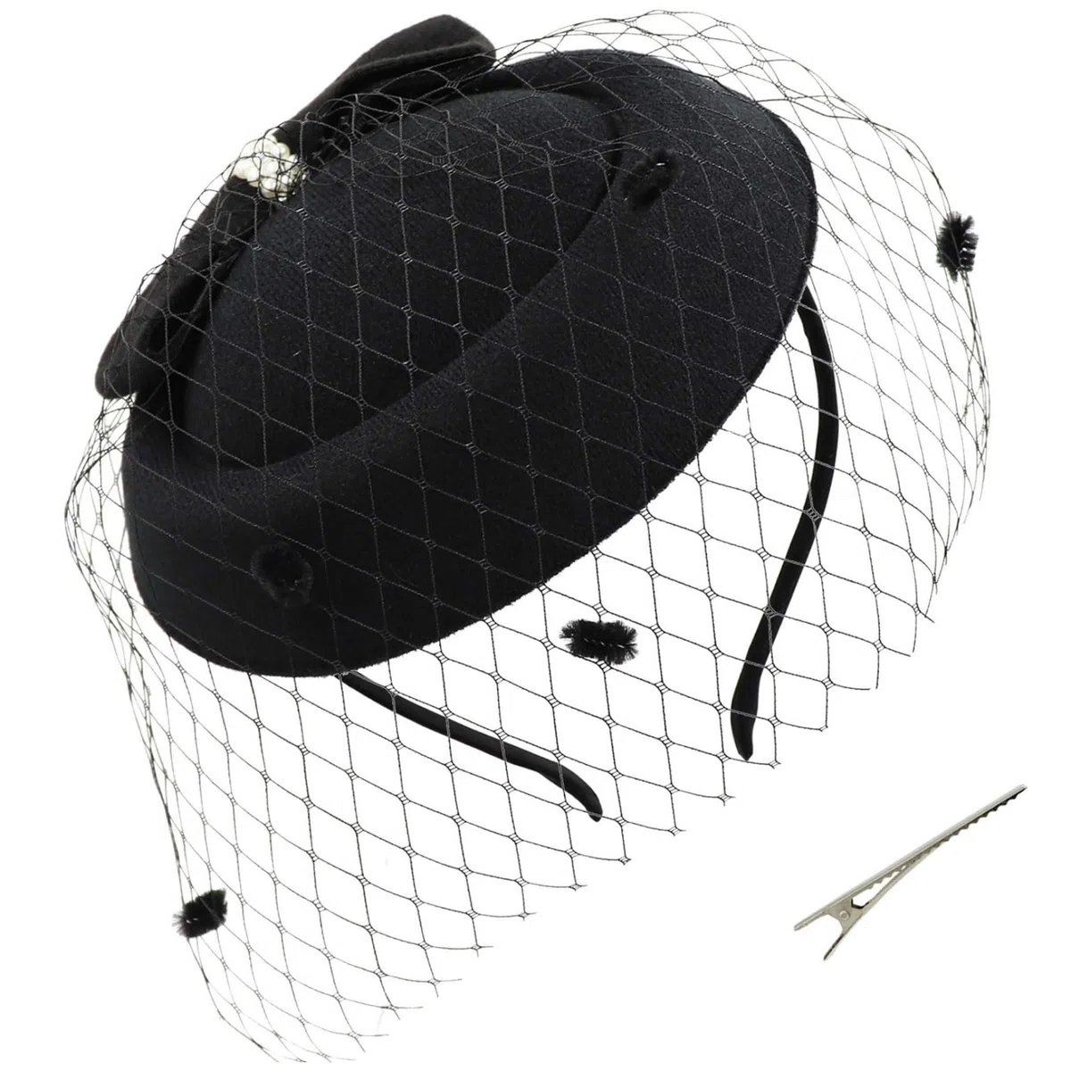 Bibi pour femmes, chapeau rétro avec nœud papillon à Clip latéral, bandeau en voile, fascinateur en gaze pour fête de thé et mariage des années 1940