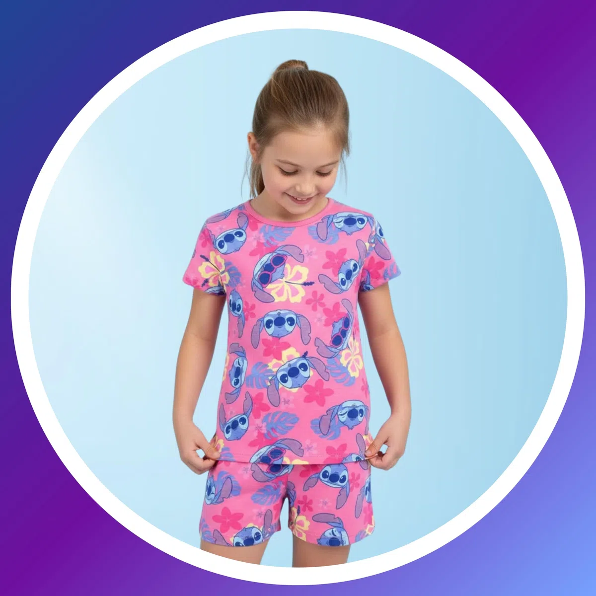 Disney Stitch Ensemble 2 Pièces pour Fille, Pyjama T-Shirt et Short à Imprimé Tropical, Tailles 3 à 8 Ans