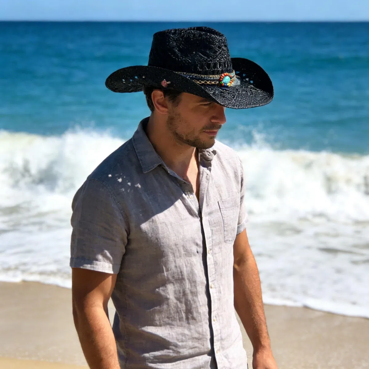 Chapeau de Cowboy Homme Femme Western Cowgirl Hat Brésilien Bohême Paille Panama avec Bande Chapeau de Soleil d'été Chapeau de Plage Cowboy Hat