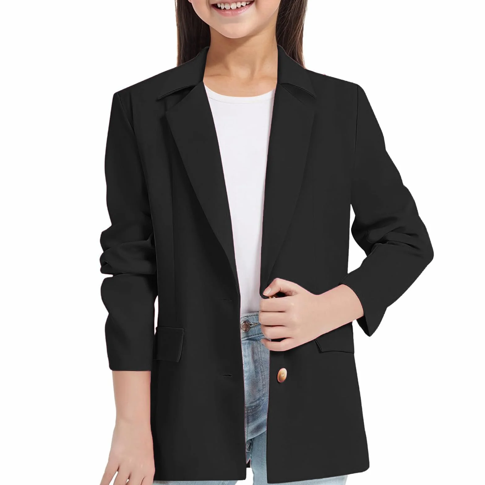 Generisch Veste blazer 2026 pour fille, manches longues, col à revers avec poche intérieure, ouvert sur le devant, combinaison blazer décontractée pour enfants femmes ventre nu, Noir , 13-14 ans