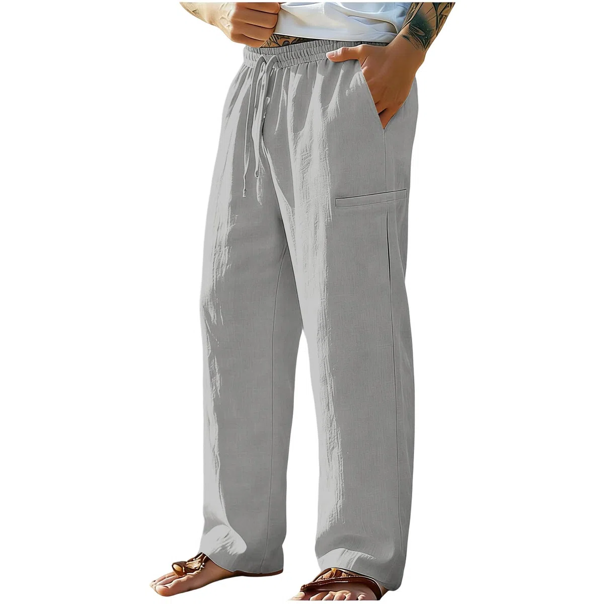 Pantalon Lin Homme été Pantalons De Sport Homme avec Taille élastique à Cordon De Serrage Réglable Modèle Droit Confortable Et Respirant pour La Plage Les Vacances Les Loisirs Et Le Quotidien été