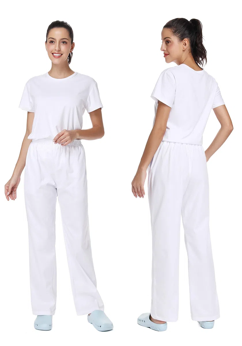 Femme Pantalon de Travail Blanc Pur Pantalons Taille Elastique pour Coton Opaque