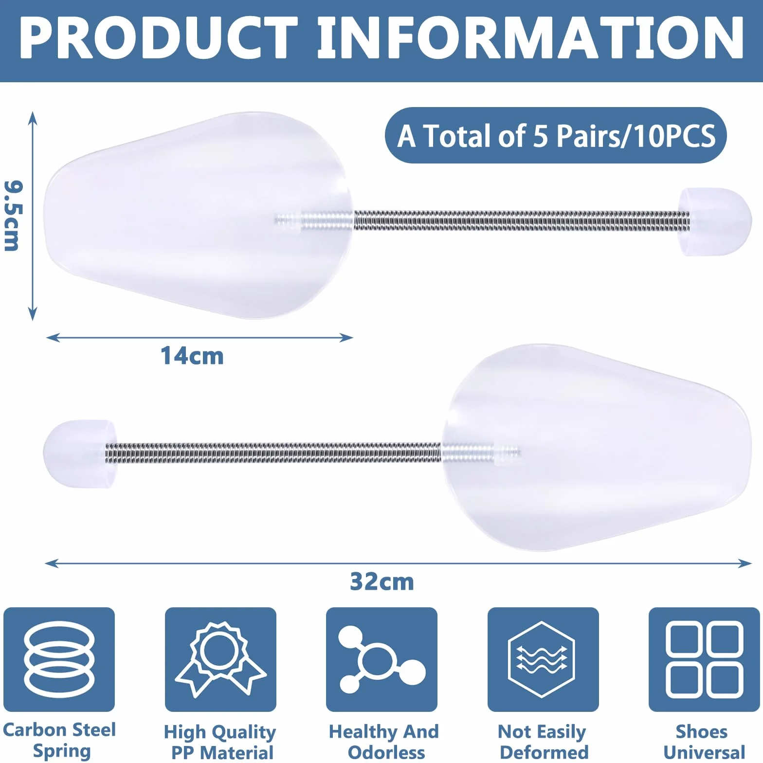 MOYKSRR Lot de 5 Paires Embauchoirs en Plastique, D'embauchoirs en Plastique à Longueur Réglable, Embauchoirs Chaussures avec Ressort Spirale, Taille Adaptable 39-47, Transparent