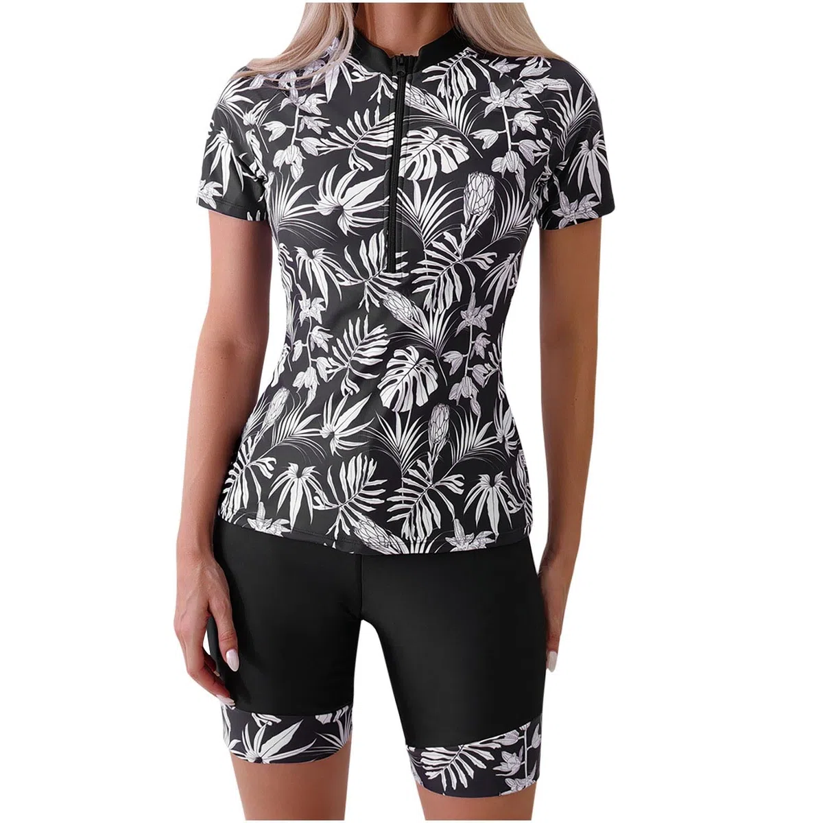 Maillots de Bain 2 Pièces Femme Rashguard Set Maillot de Surf Manches Longues Protection Solaire Anti-UV T-Shirt Top de Sport pour Vacances Surf Plage Natation Maillot de Bain Shorty Séchage Rapide