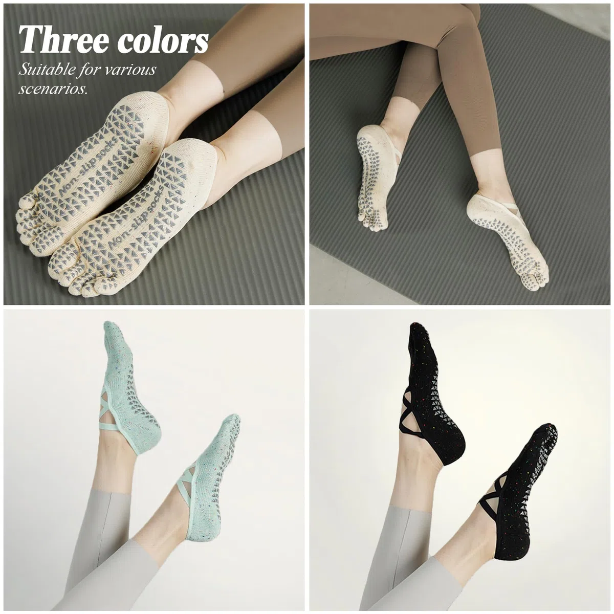 Lot de 3 paires de chaussettes de yoga antidérapantes pour femme avec poignées et sangles antidérapantes