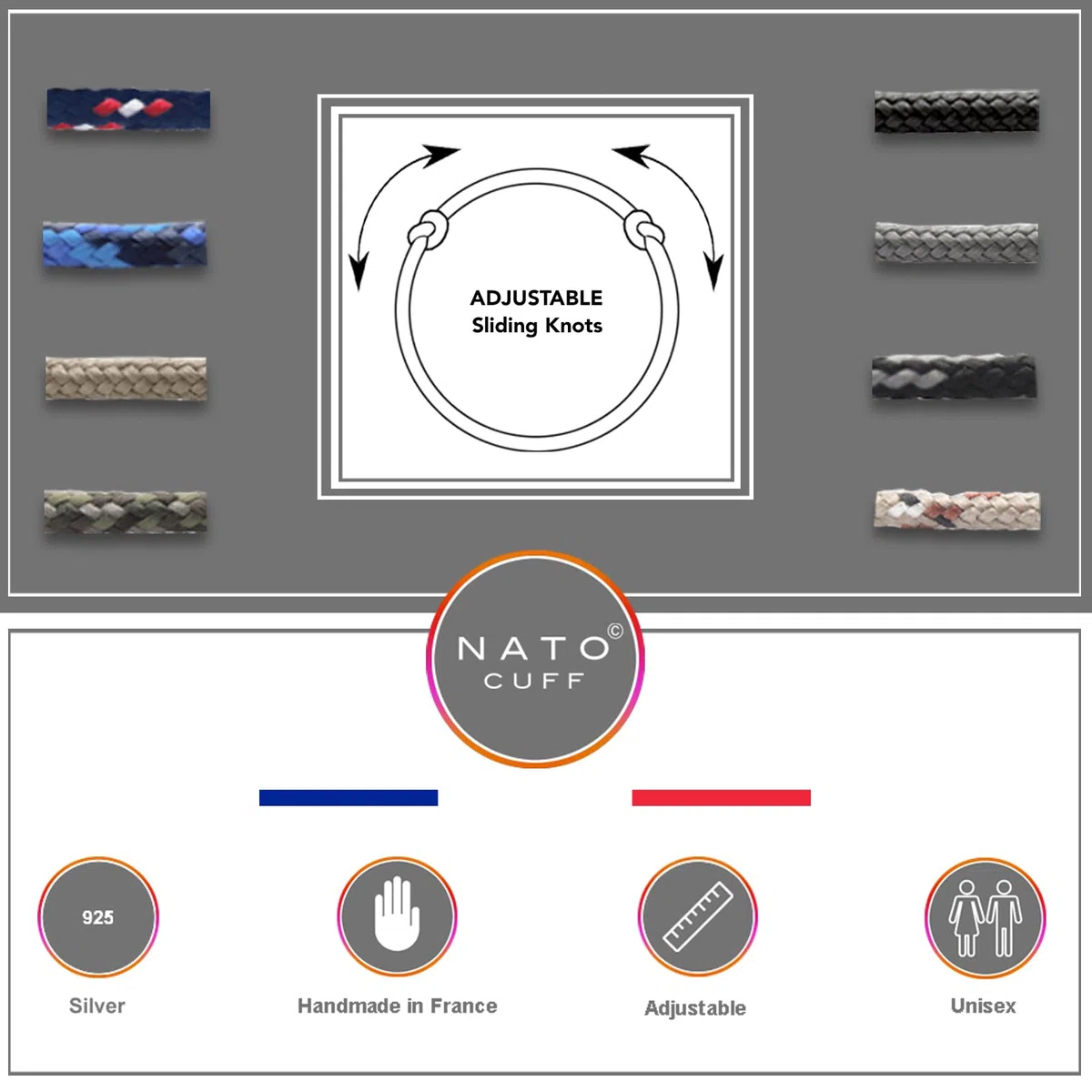 Nato Cuff - Bracelet Paracorde 2mm et Argent 925 - Bijou Homme ou Femme Ajustable dessiné et assemblé en France